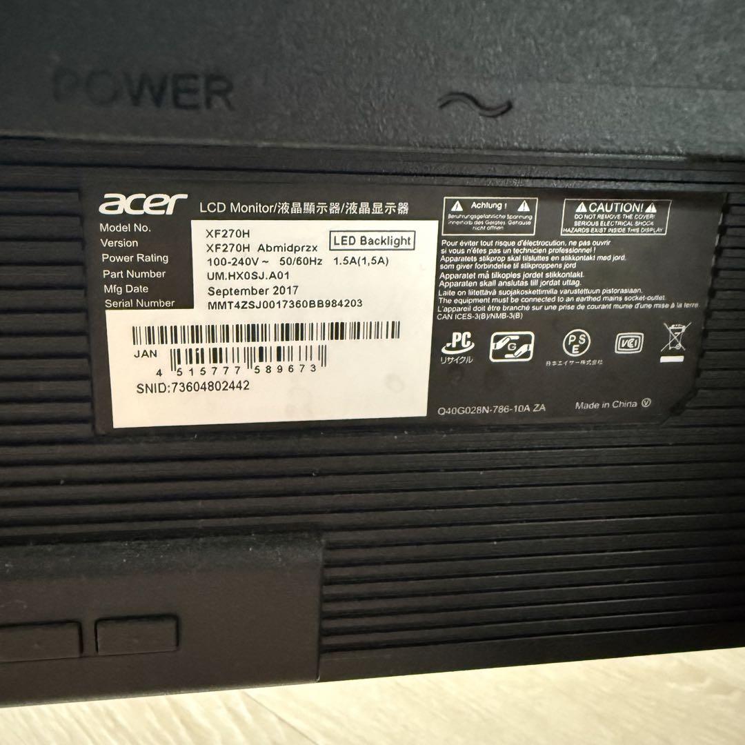 美品 Acer ゲーミングモニター XF270H Abmidprzx 240hz
