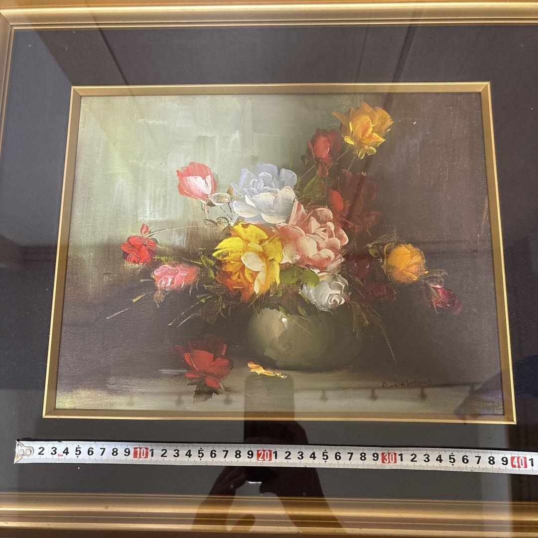 油彩画 バラの花束 本体約40cm x 32cm D.Desmond