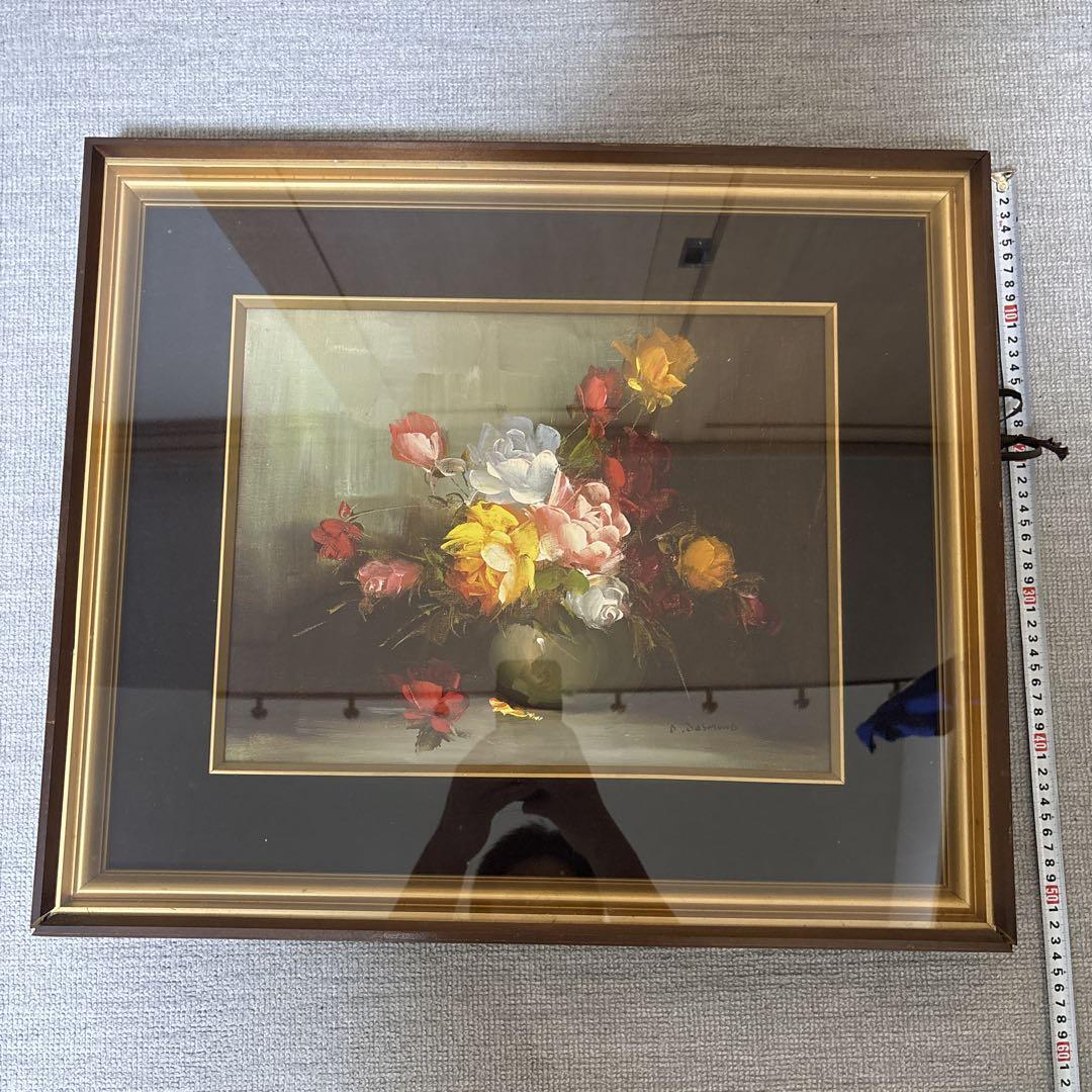 油彩画 バラの花束 本体約40cm x 32cm D.Desmond