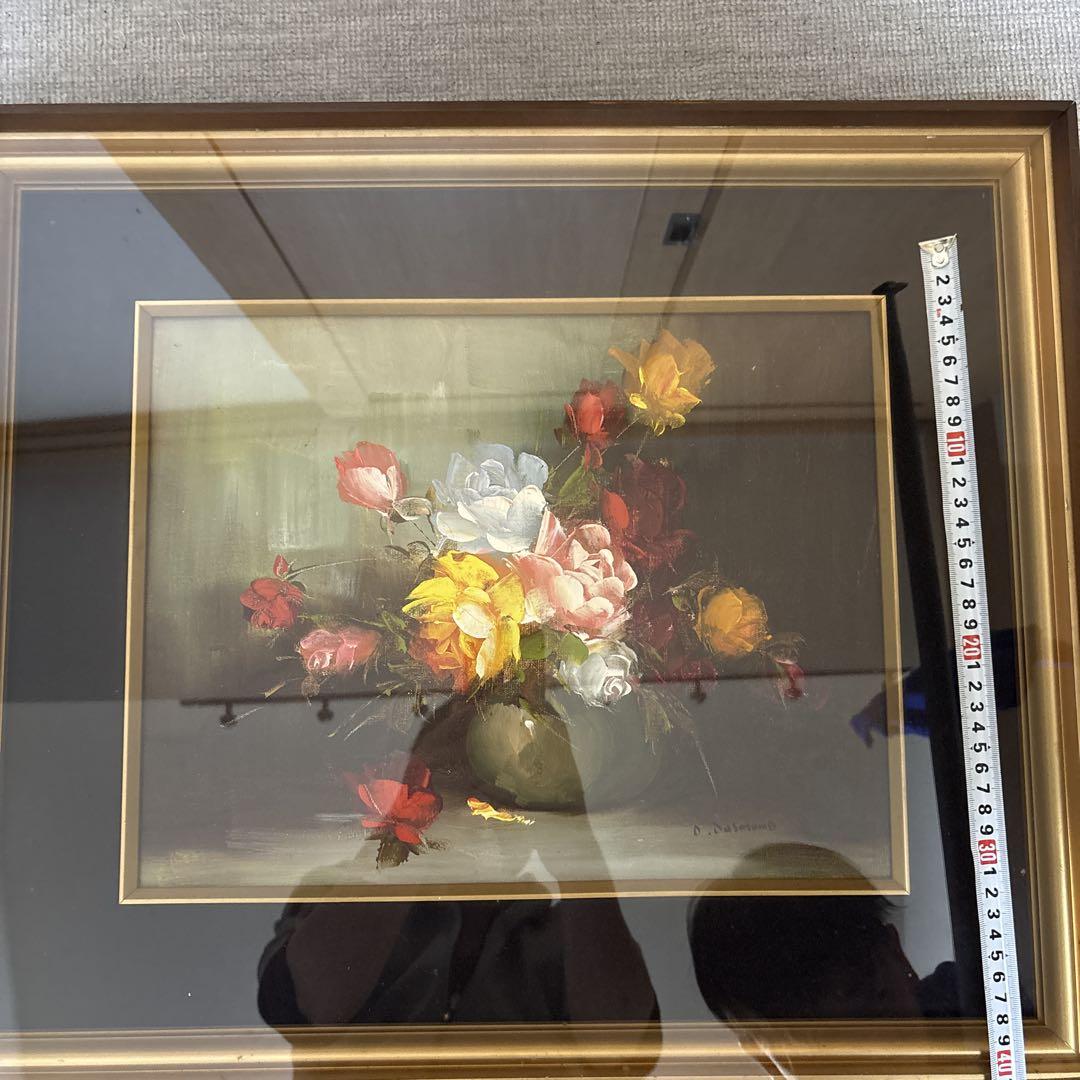 油彩画 バラの花束 本体約40cm x 32cm D.Desmond