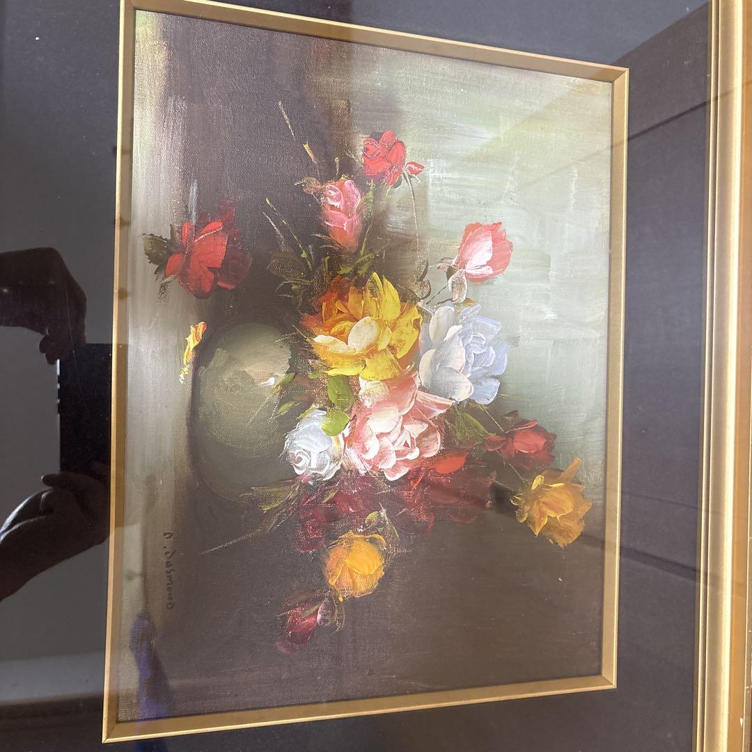 油彩画 バラの花束 本体約40cm x 32cm D.Desmond