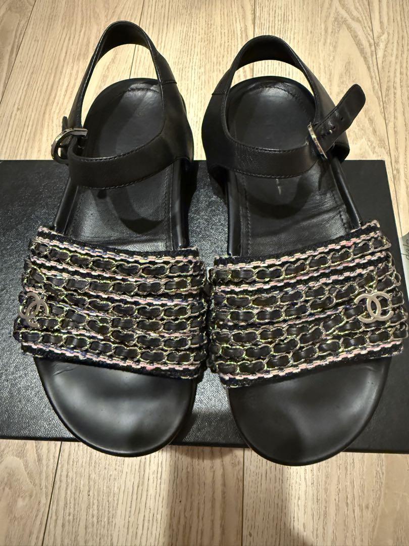 CHANEL シャネル　チェーン　ロゴ　フラットサンダル　ツイード　ミュール
