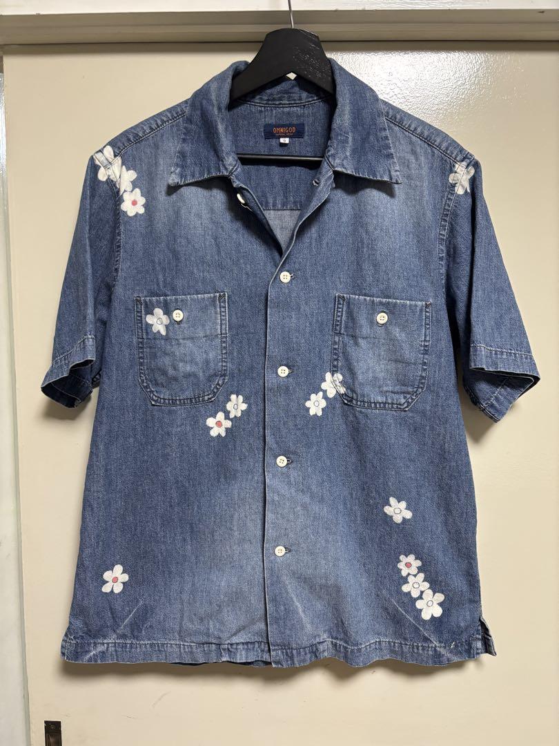 OMNIGODのデニム半袖シャツ　デニムシャツ　アロハシャツ　花柄　オムニゴッド