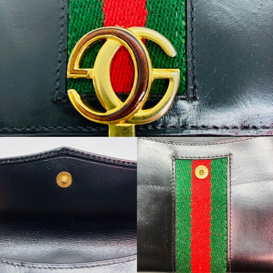 オールド GUCCI ブラックレザー 二つ折り財布シェリーライン黒 506