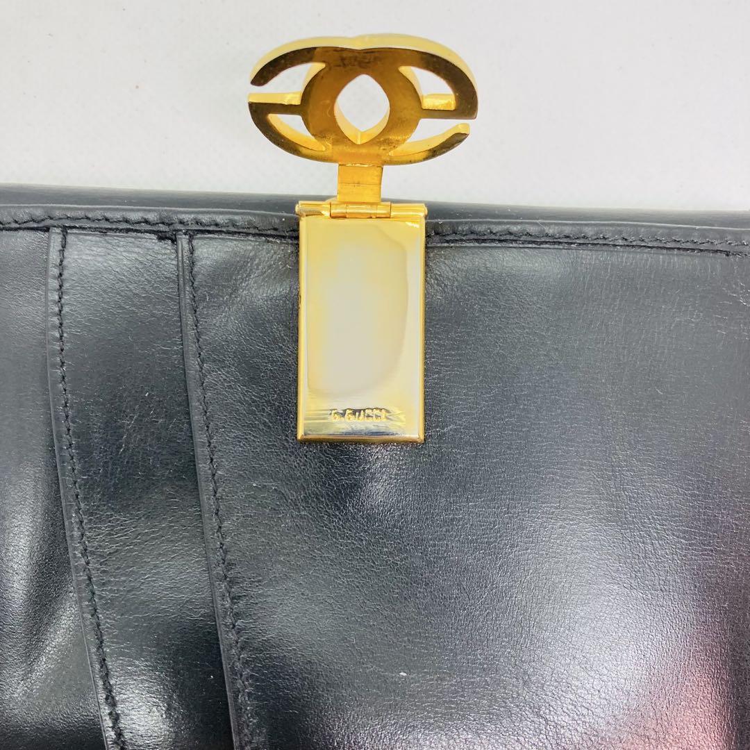 オールド GUCCI ブラックレザー 二つ折り財布シェリーライン黒 506