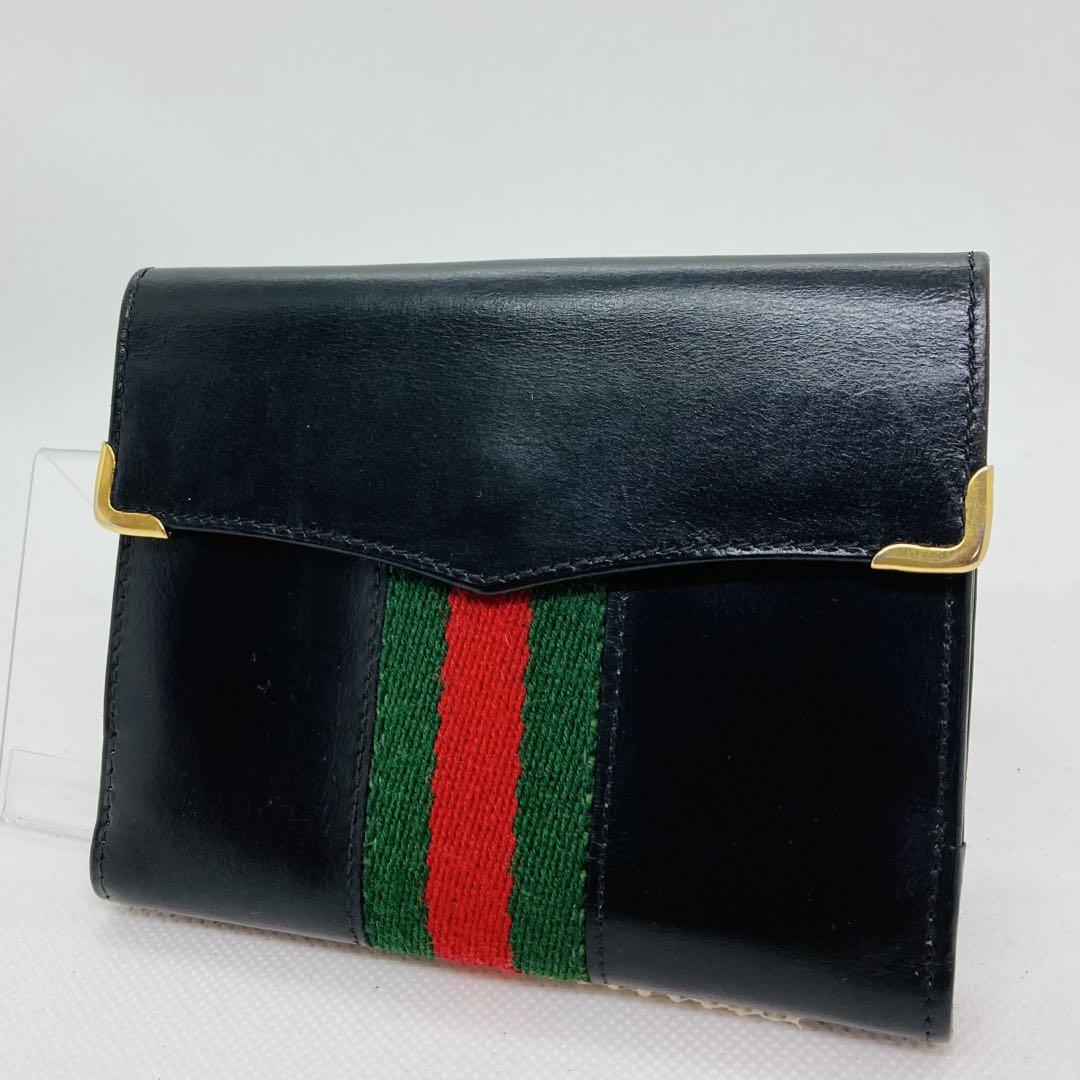 オールド GUCCI ブラックレザー 二つ折り財布シェリーライン黒