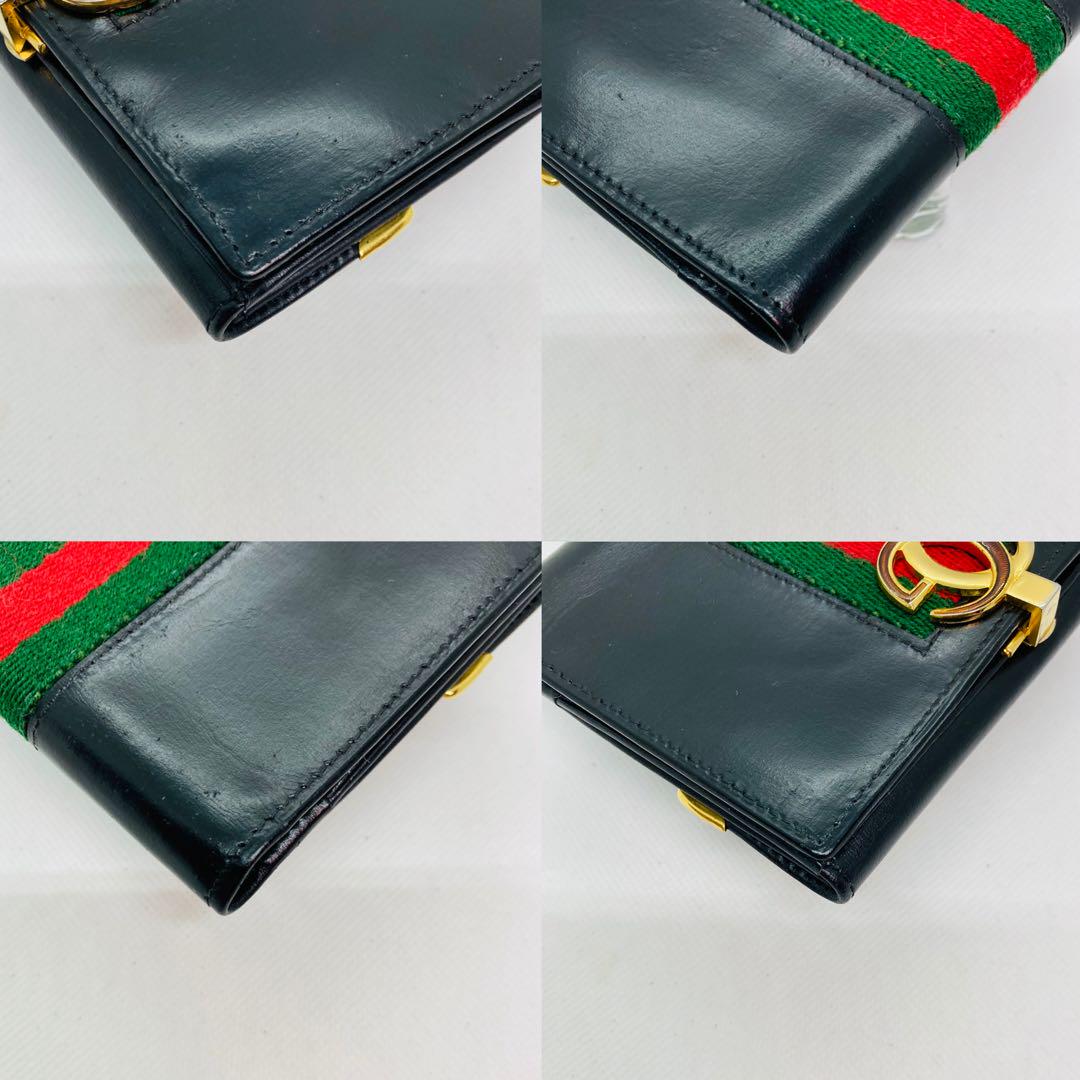 オールド GUCCI ブラックレザー 二つ折り財布シェリーライン黒 506
