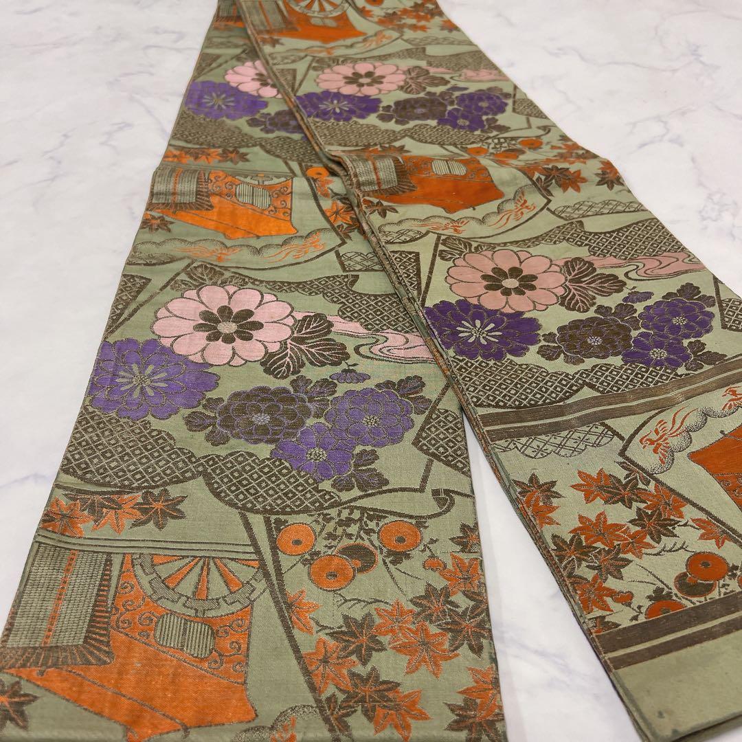 アンティーク　丸帯　橘　菊花　流線　着物　043t