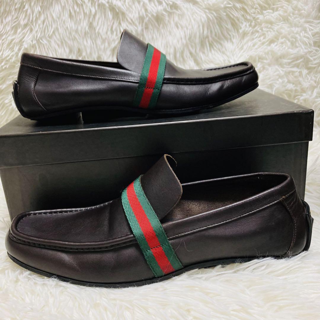 GUCCI グッチ シェリーライン レザー ドライビングシューズ 41 ブラウン