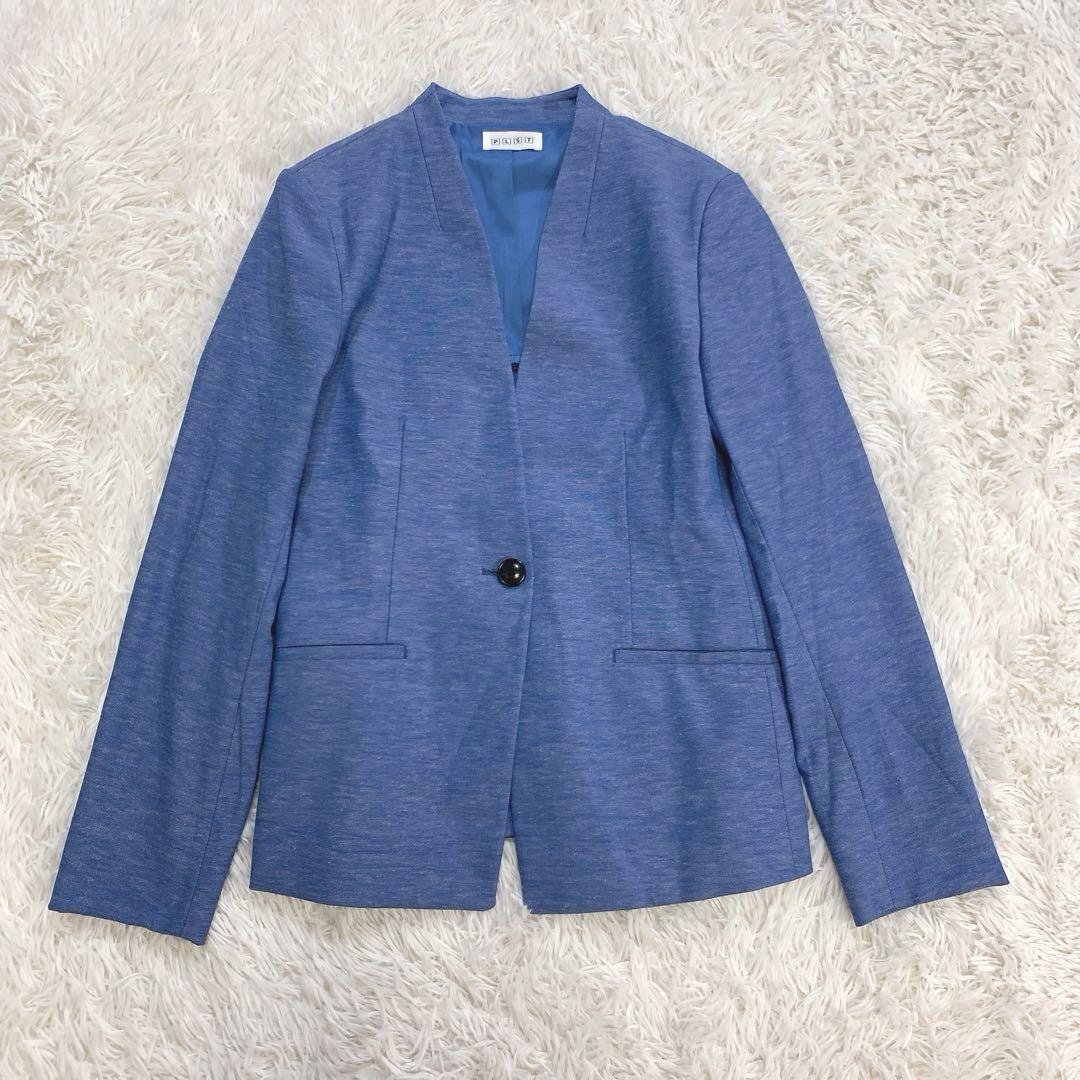 【美品】PLST セットアップスーツ ノーカラー リネン混 スカイブルー L M