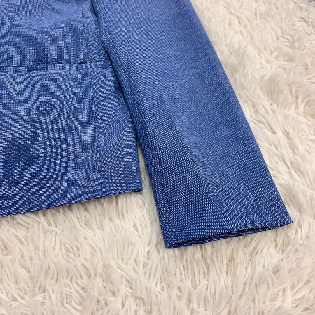 【美品】PLST セットアップスーツ ノーカラー リネン混 スカイブルー L M