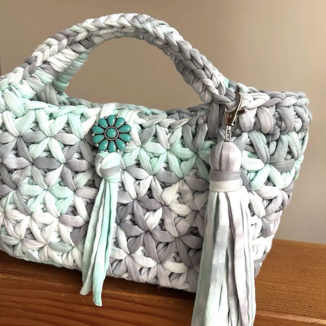 nana8様♡ズパゲッティ マルシェバッグ エメラルド×ribbonxl ズパゲッティ マルシェバッグ くすみブルー
