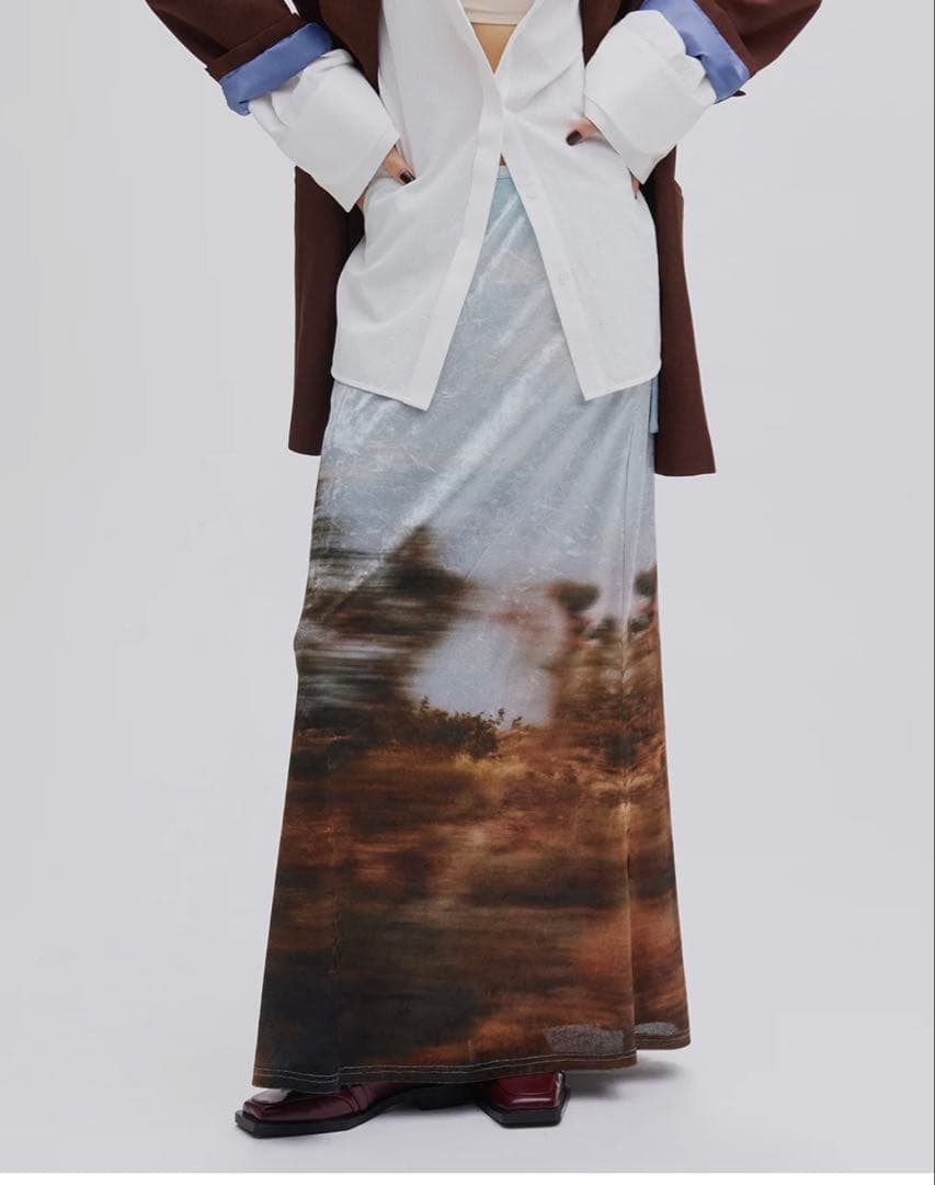 UND LANDSCAPE PRINT WAIST SLIT SKIRT ブルーM・Ameri VINTAGE