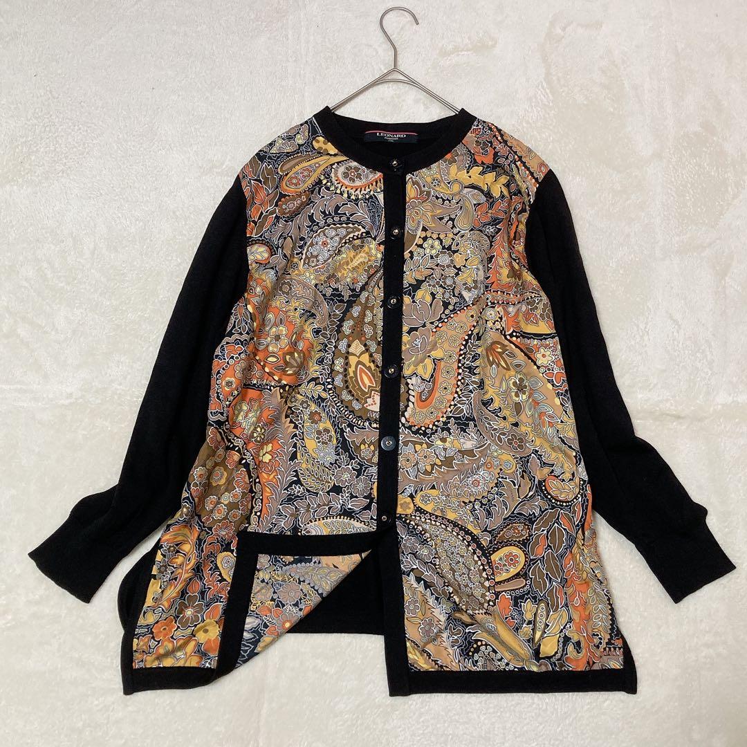 LEONARD レオナール カーディガン シルク 花柄 長袖 BK LL LEONARD