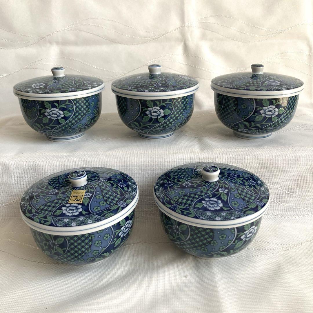 新品未使用】庫山窯 蓋付湯呑茶碗 色絵染付 捻祥瑞 五客揃 前畑