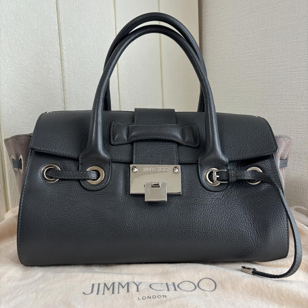 【美品】JIMMY CHOO　フラップ付き本革ハンドバッグ　ダークグレー　金具