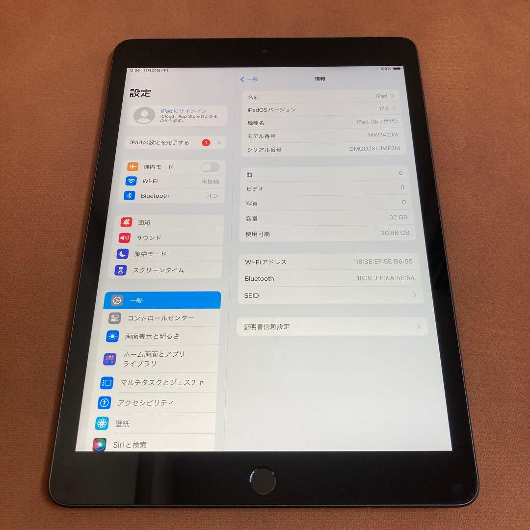 1154 電池ほぼ iPad7第7世代32GB WIFIモデルApple