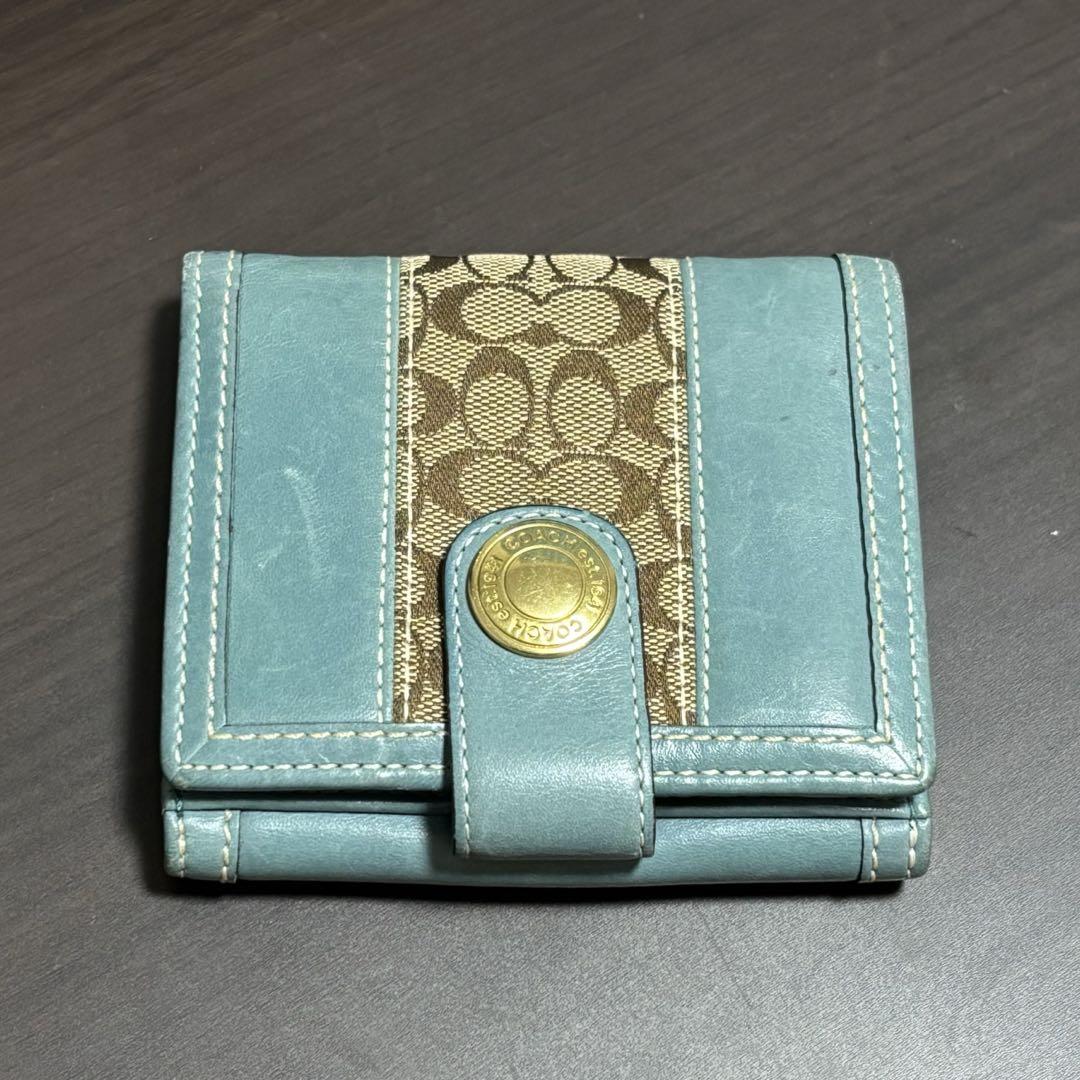 COACH 水色 二つ折り財布 コーチ 二つ折り財布 水色 レザー - メルカリ