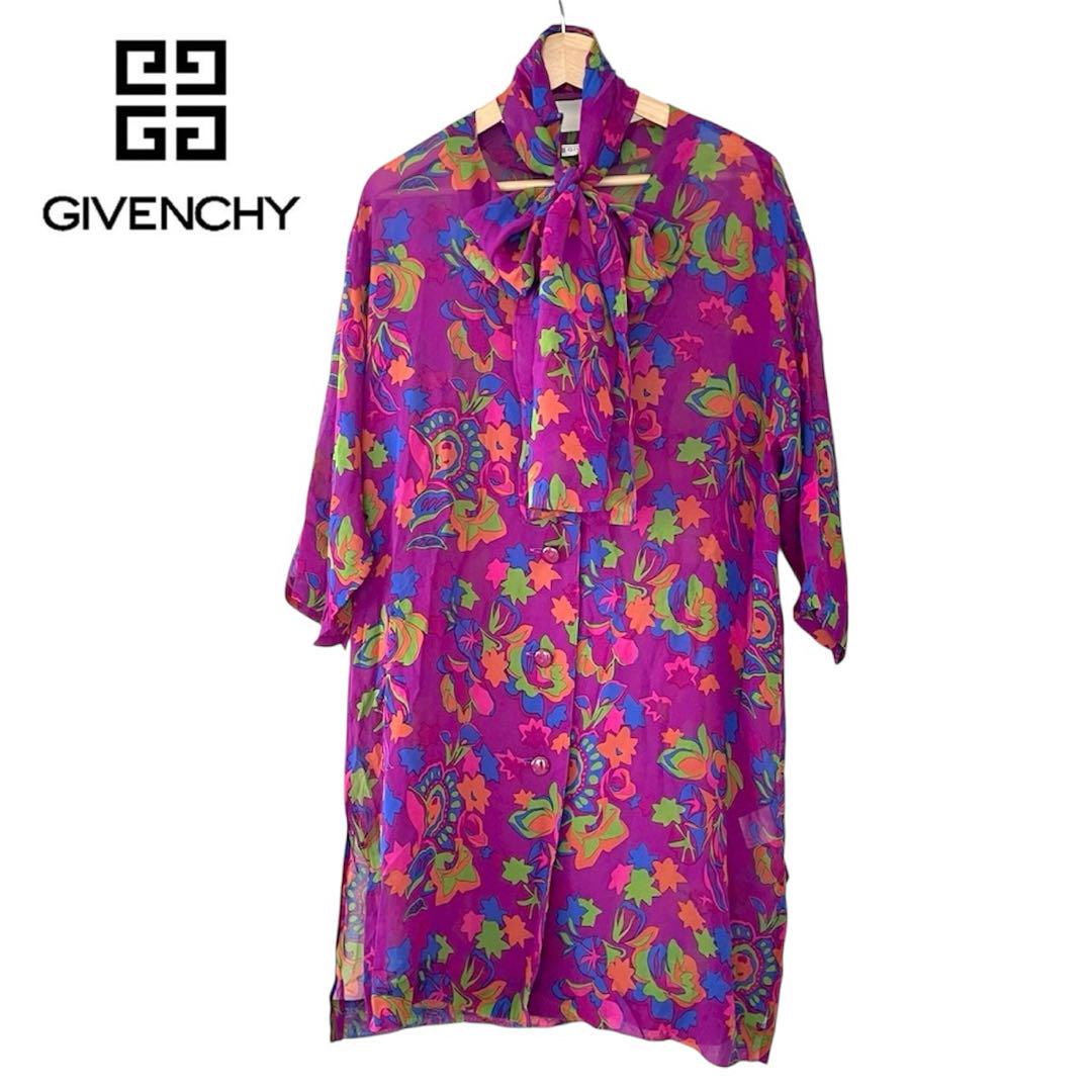 シルク100】GIVENCHY 長袖ワンピース スカーフリボン付き レトロ
