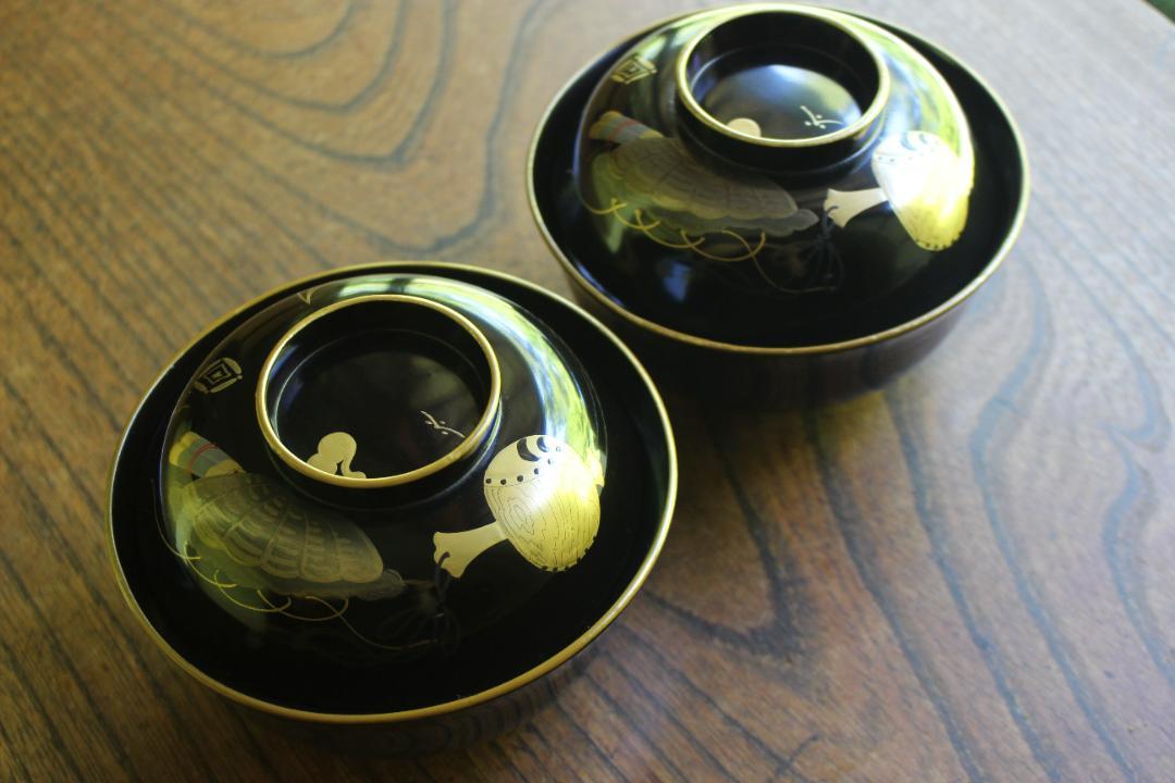 時代金縁黒漆に優美な宝蒔絵の映えるお椀2点（検輪島塗懐石碗