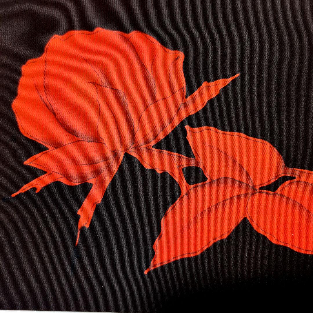 8974 手描きの帯 塩瀬の帯 名古屋帯 深紅の薔薇 （黒に近い焦茶