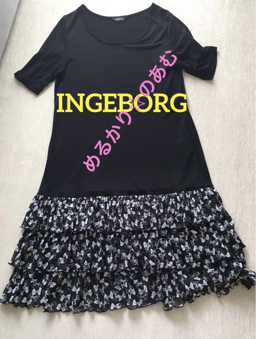 美品　インゲボルグ INGEBORG リボン柄黒半袖ロゴチュニック