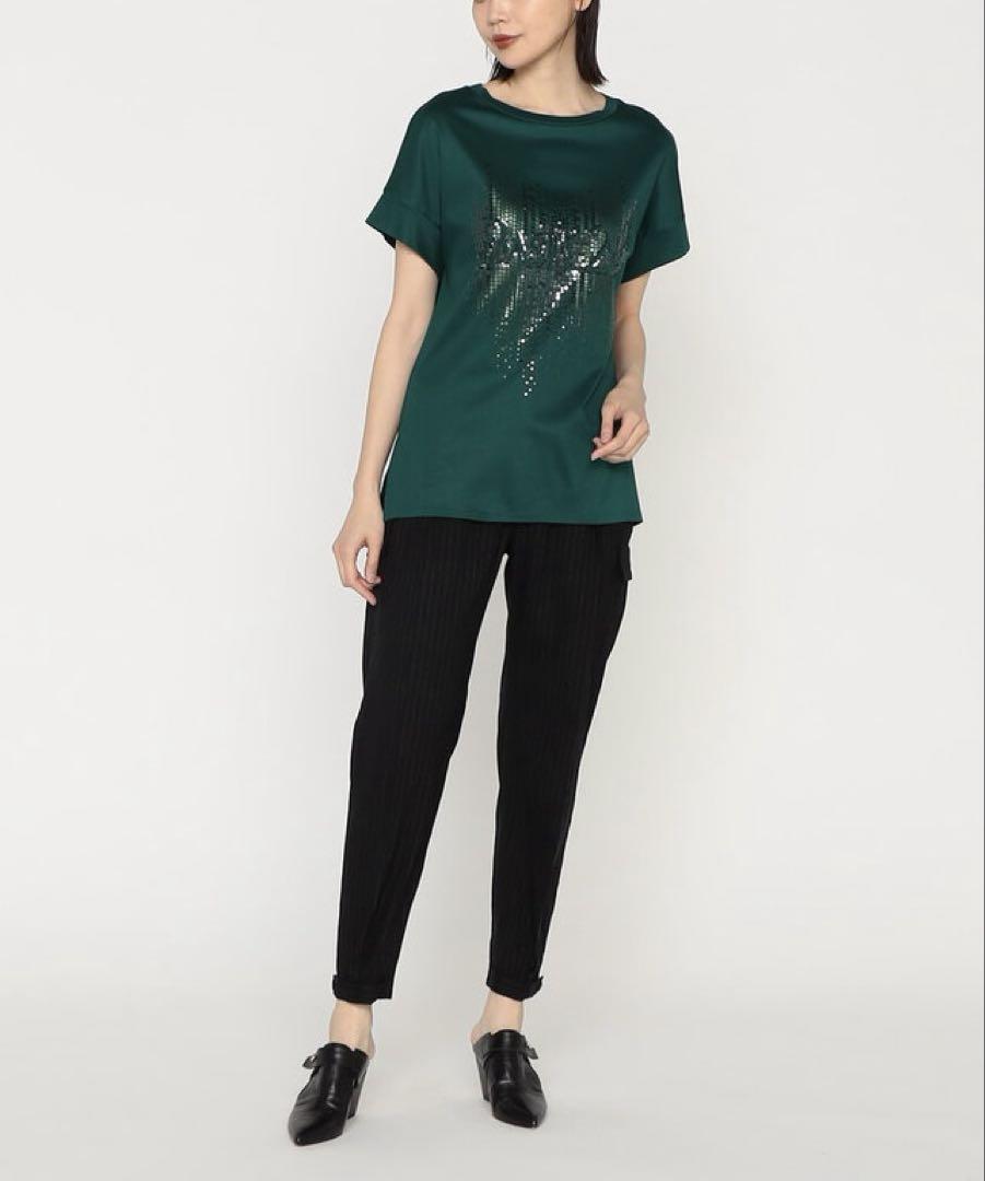 【未使用美品】スムース ナイアガラスパンコール刺繍 Tシャツグリーン9号