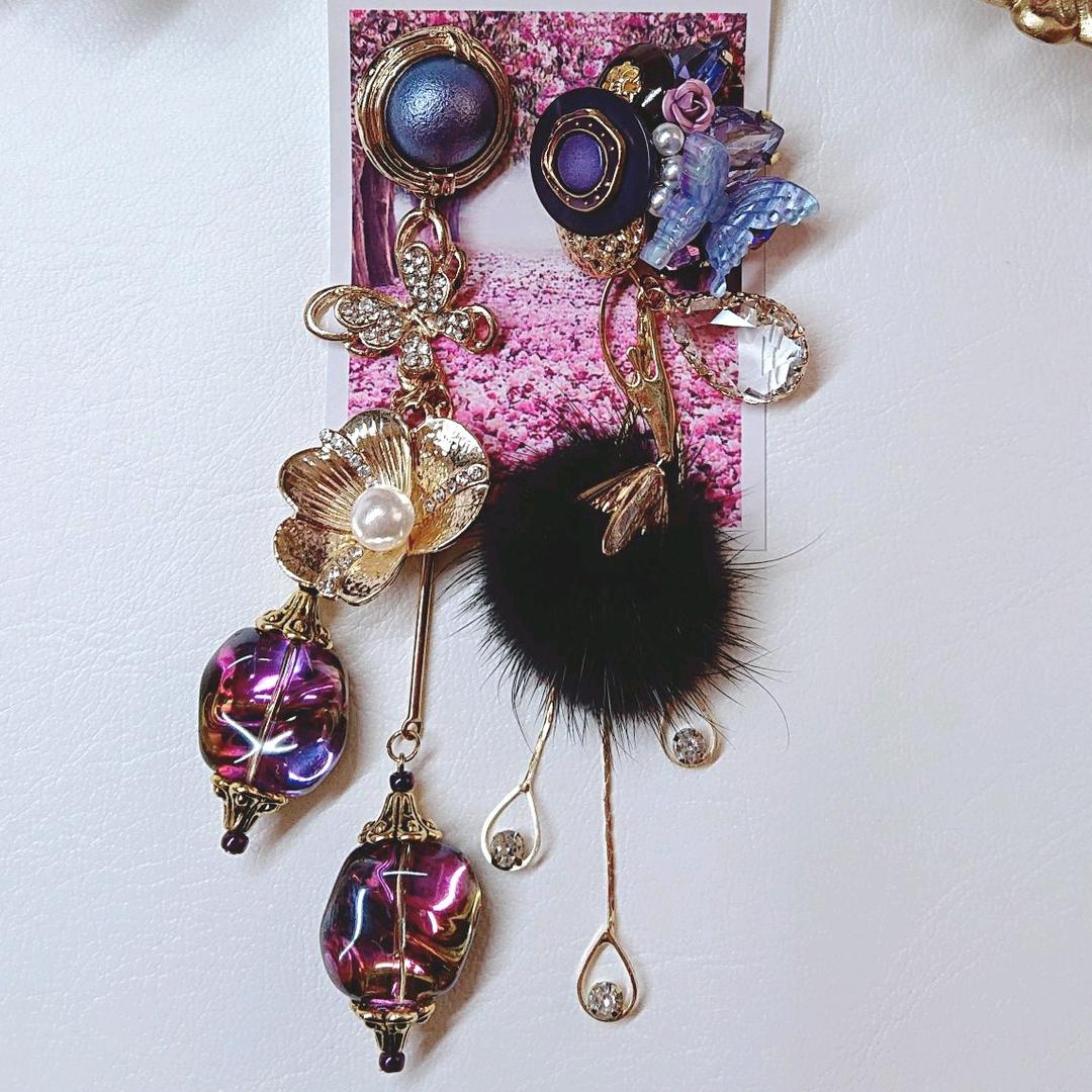 バレリーナミンクファー&ボタンカボション① ハンドメイド ピアス