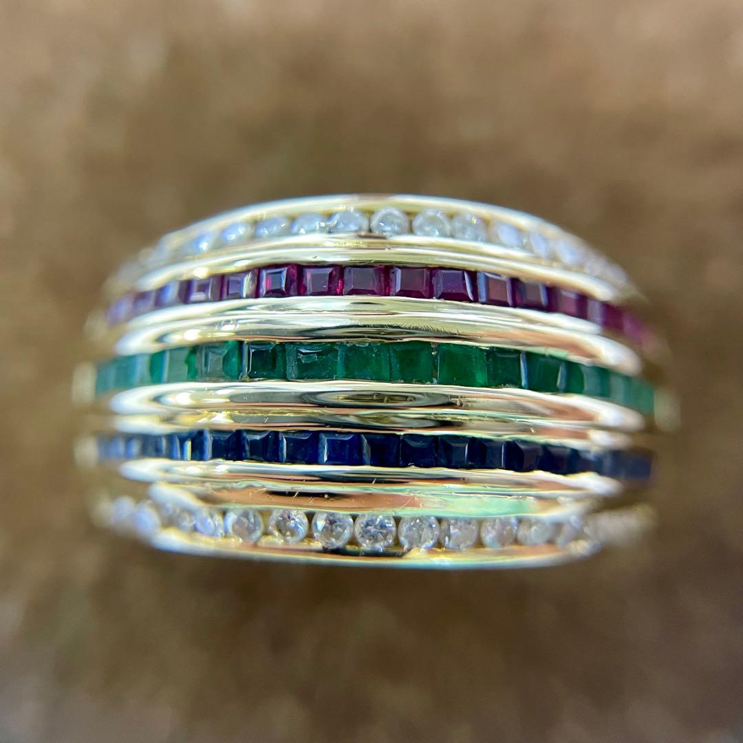 18金 ダイヤ ルビー エメラルド サファイア デザインリング
