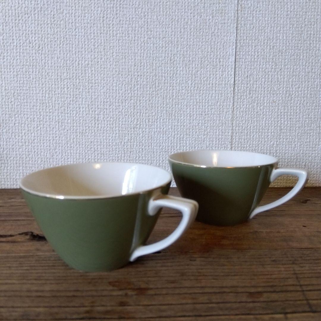 オールド東洋陶器／アンティークコーヒー ティーカップ 2脚／オリーブグリーン