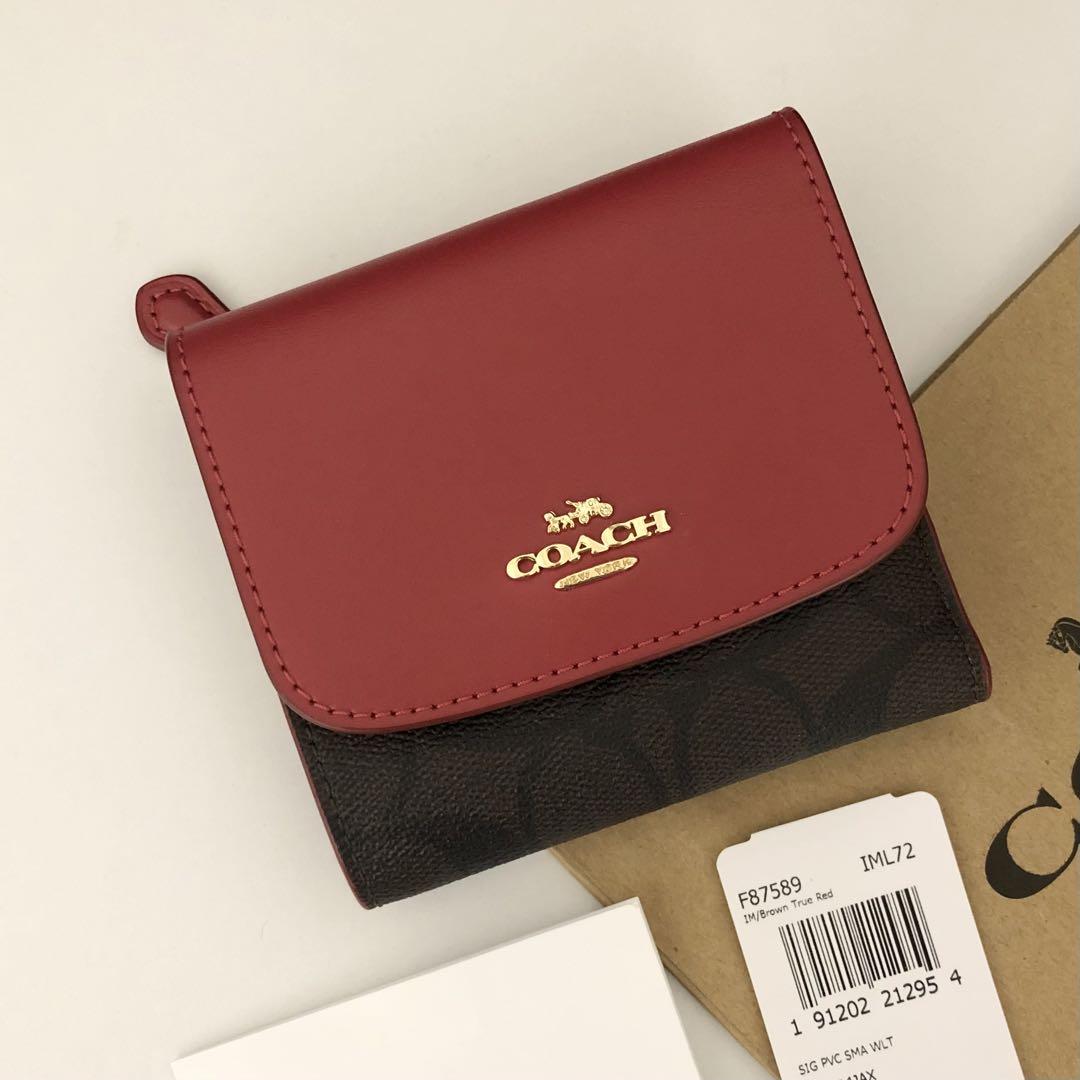 COACH コーチ 三つ折り財布 シグネチャー トゥルーレッド 赤