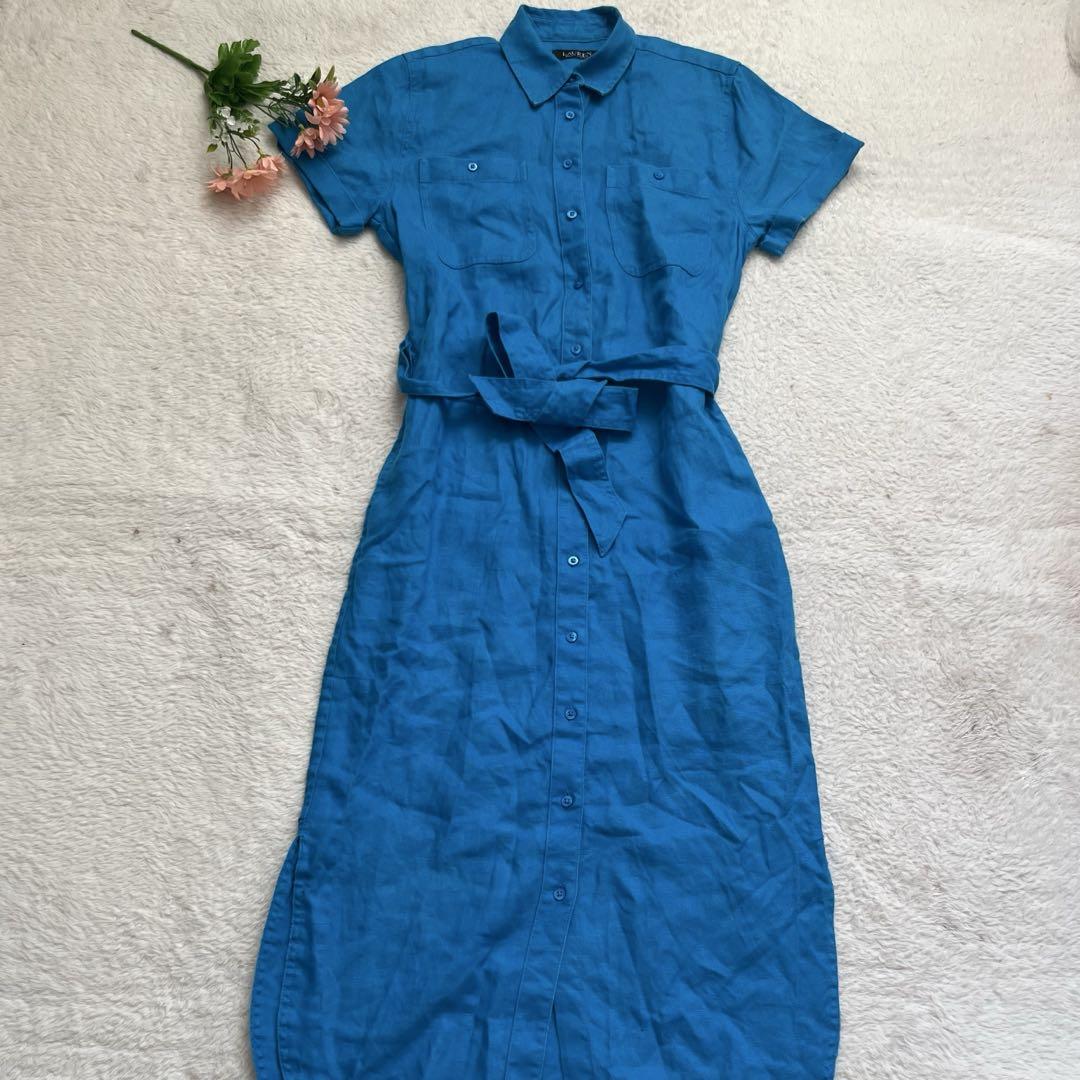 LAUREN RALPH LAUREN リネン半袖シャツワンピース 青