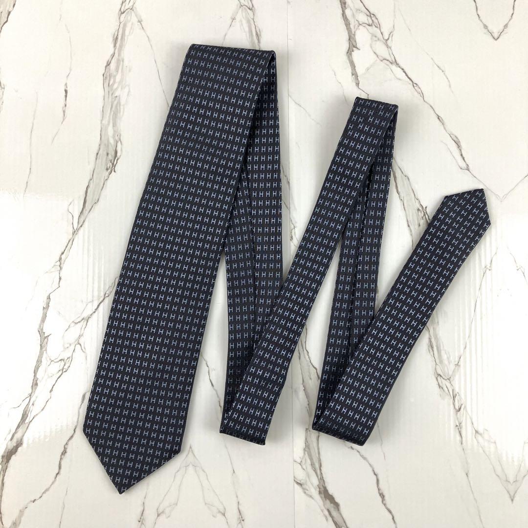 未使用級　HERMES エルメス　ネクタイ　ファソネ　H柄　ソリッド　グレー系
