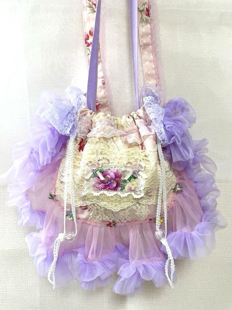 ◎ハンドメイド◎フリル巾着ポシェット◎花柄パープル