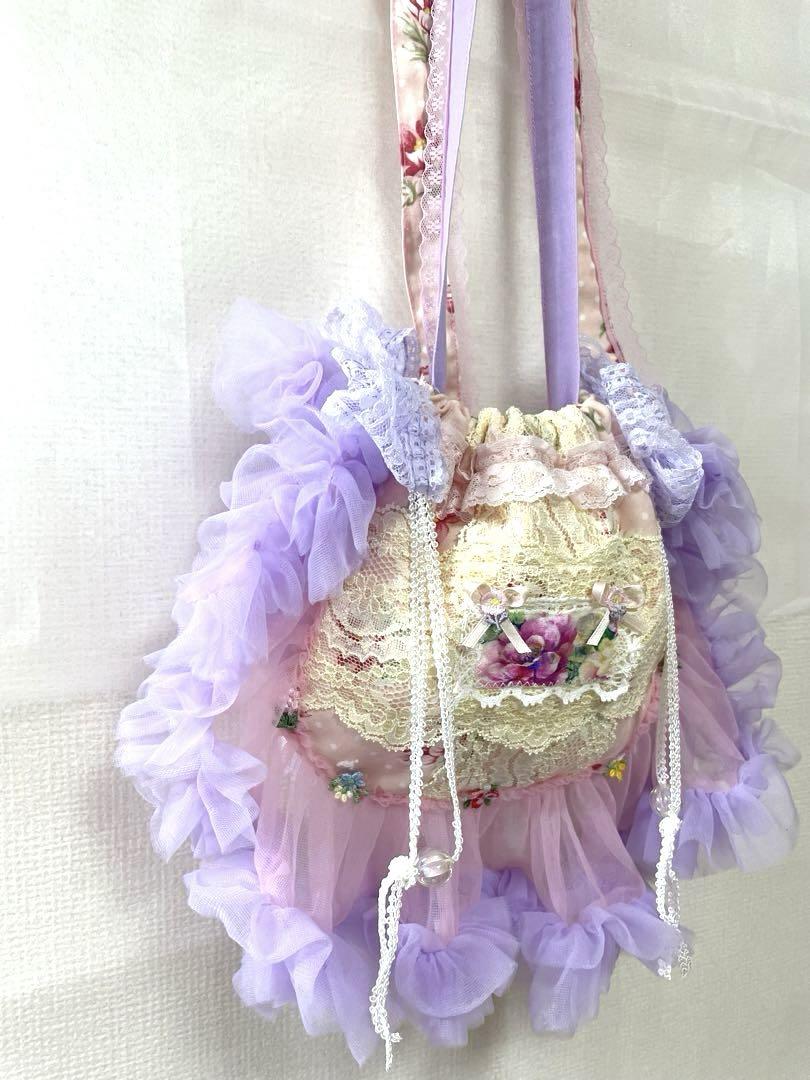 ◎ハンドメイド◎フリル巾着ポシェット◎花柄パープル