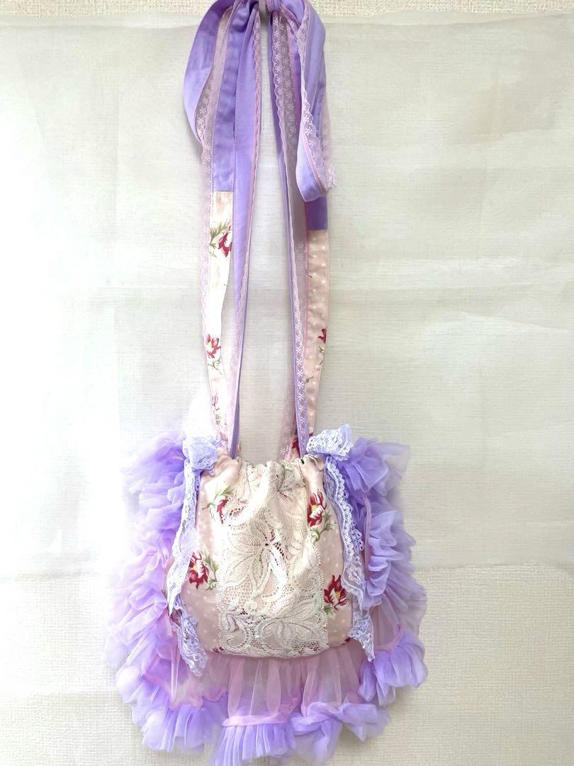 ◎ハンドメイド◎フリル巾着ポシェット◎花柄パープル