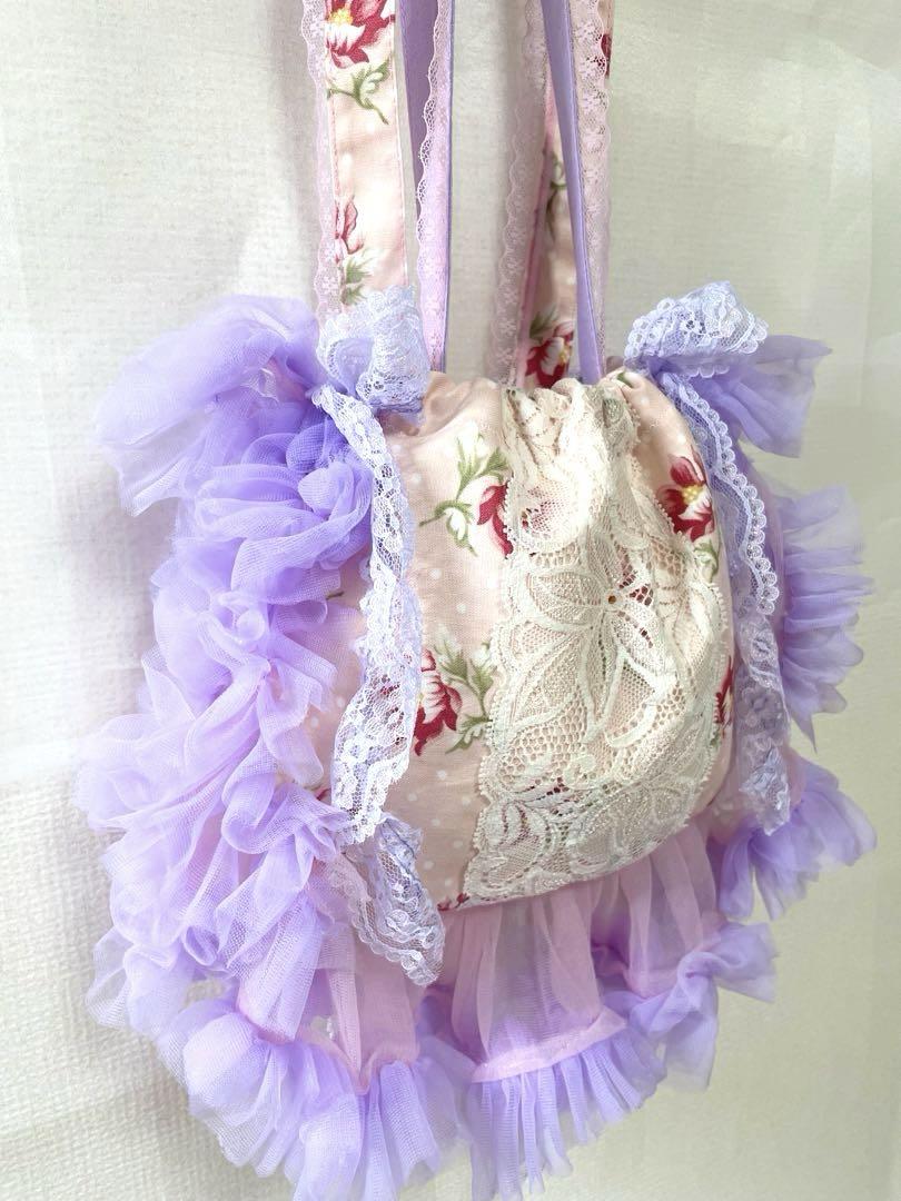 ◎ハンドメイド◎フリル巾着ポシェット◎花柄パープル