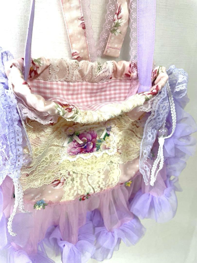 ◎ハンドメイド◎フリル巾着ポシェット◎花柄パープル