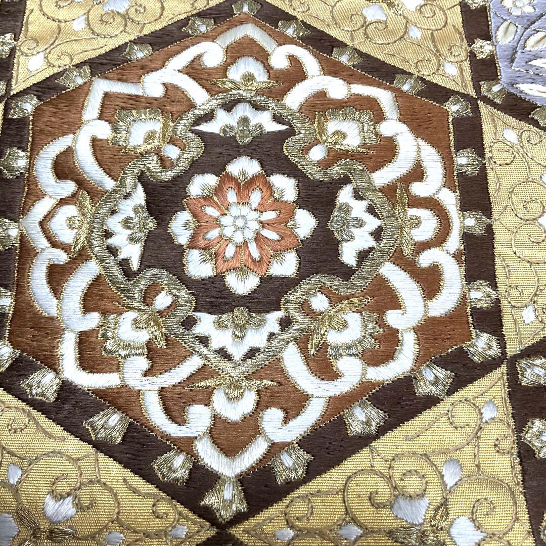 ◯C985正絹　六通袋帯　総刺繍　蘇州刺繍　金駒刺繍　華文　極美品　着物
