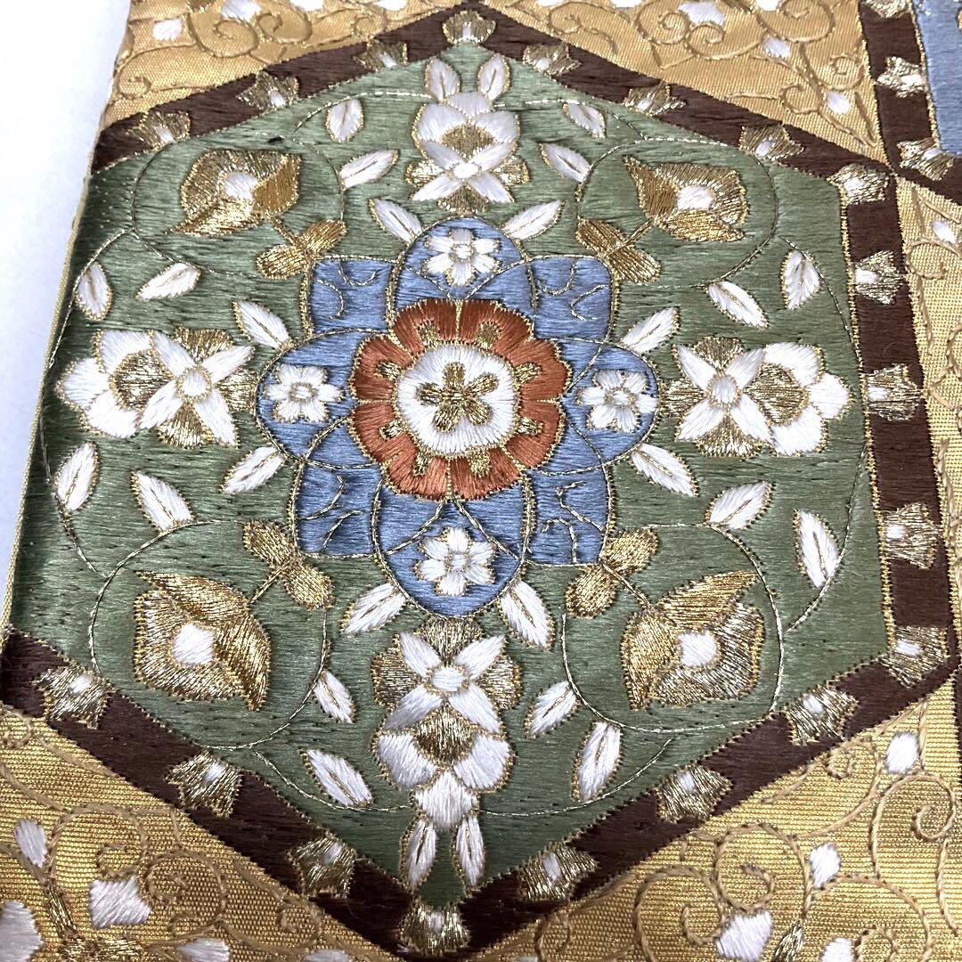 ◯C985正絹　六通袋帯　総刺繍　蘇州刺繍　金駒刺繍　華文　極美品　着物