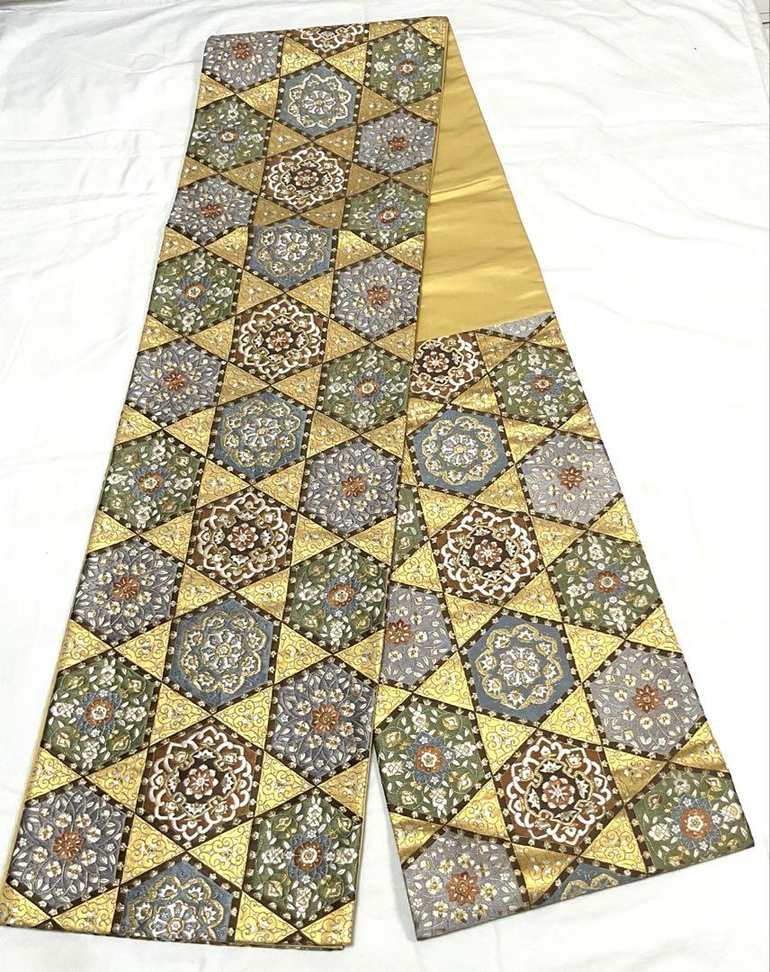 ◯C985正絹　六通袋帯　総刺繍　蘇州刺繍　金駒刺繍　華文　極美品　着物