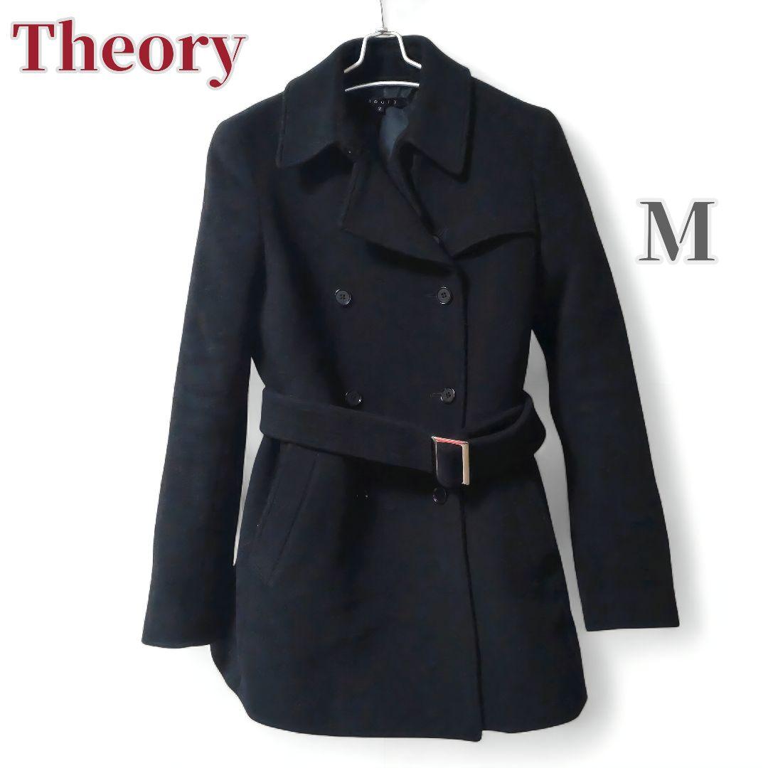 セオリー ベルト付 ダブルブレストコート 2サイズ ブラック カシミヤ混M・theory
