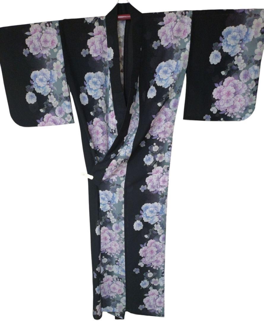 夏用洗える着物　プレタ着物　黒地に花柄　身長１５８〜１６５cm