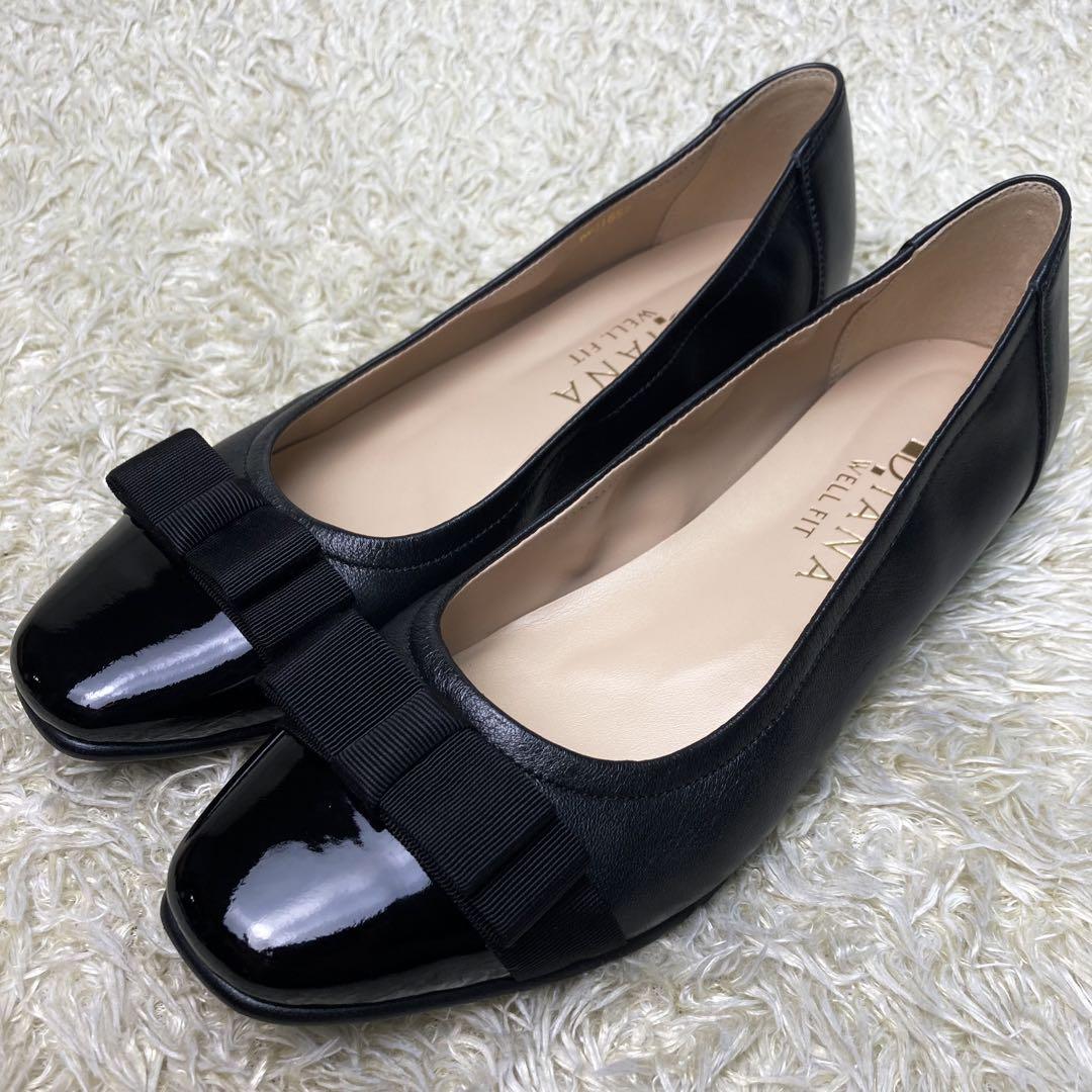 【極美品】DIANA フラットシューズ レザー エナメル リボン 23cmEE 未使用級』DIANA フラットパンプス リボン レザー エナメル