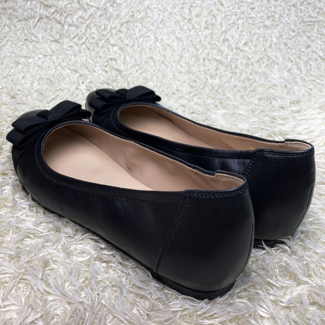 【美品】ダイアナウェルフィット フラット パンプス リボン レザー エナメル 黒 未使用級』DIANA フラットパンプス リボン レザー エナメル