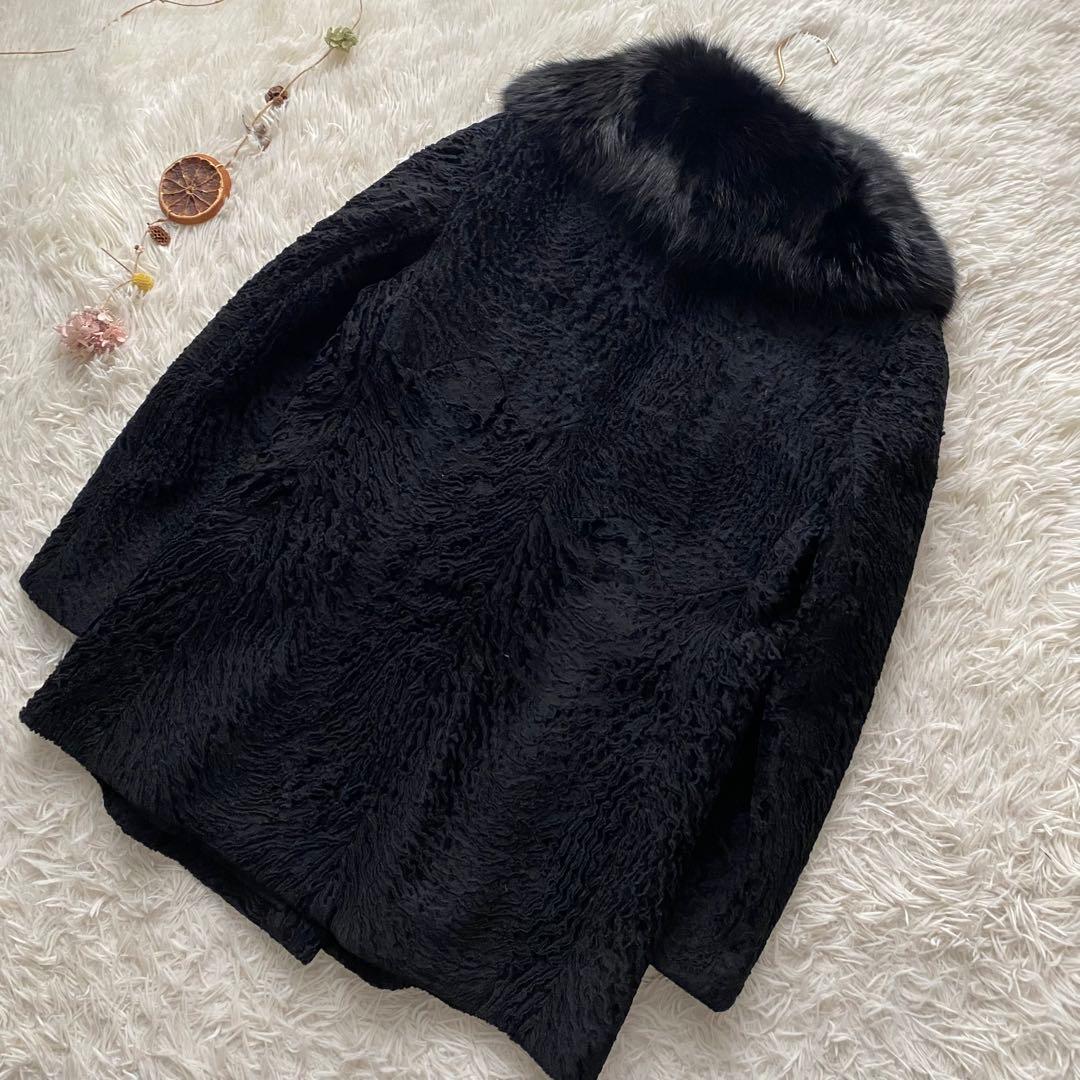 高級 ブロードテール ラム ボリューム フォックスファー 毛皮コート ブラック 高級 ブロードテール ラム ボリューム フォックスファー 毛皮