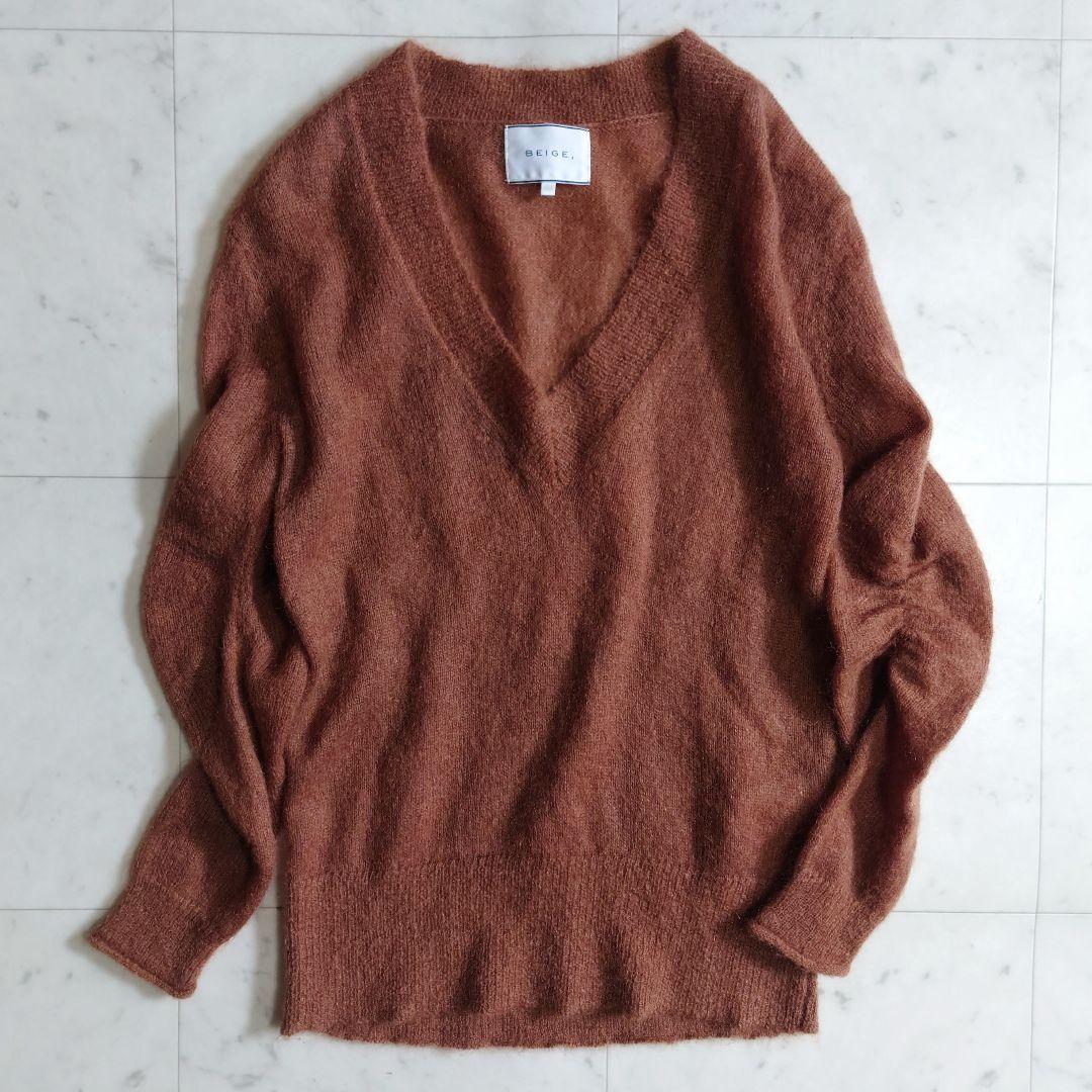 ベイジ BEIGE モヘヤ デザインスリーブ シャギーニットFREE SIZE・BEIGE,