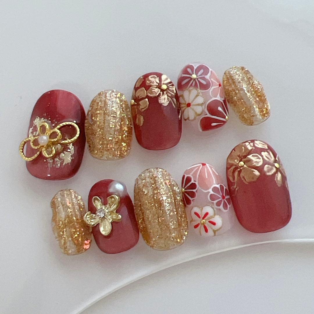 ネイルチップ　サイズオーダー　マグネットジェル　ゴールド　花柄　フラッシュ