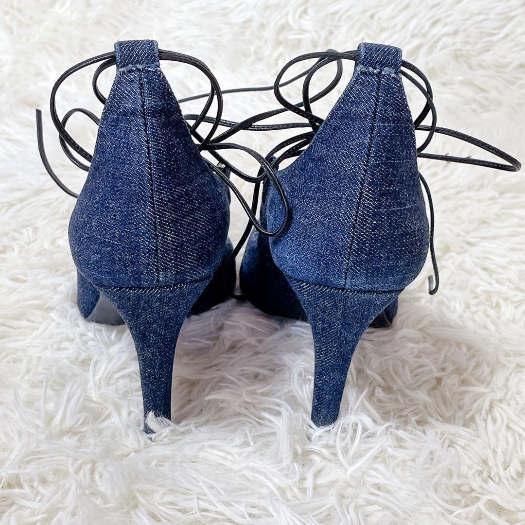 良品】DIANA レースアップデニムパンプス 本革レザー ブルー