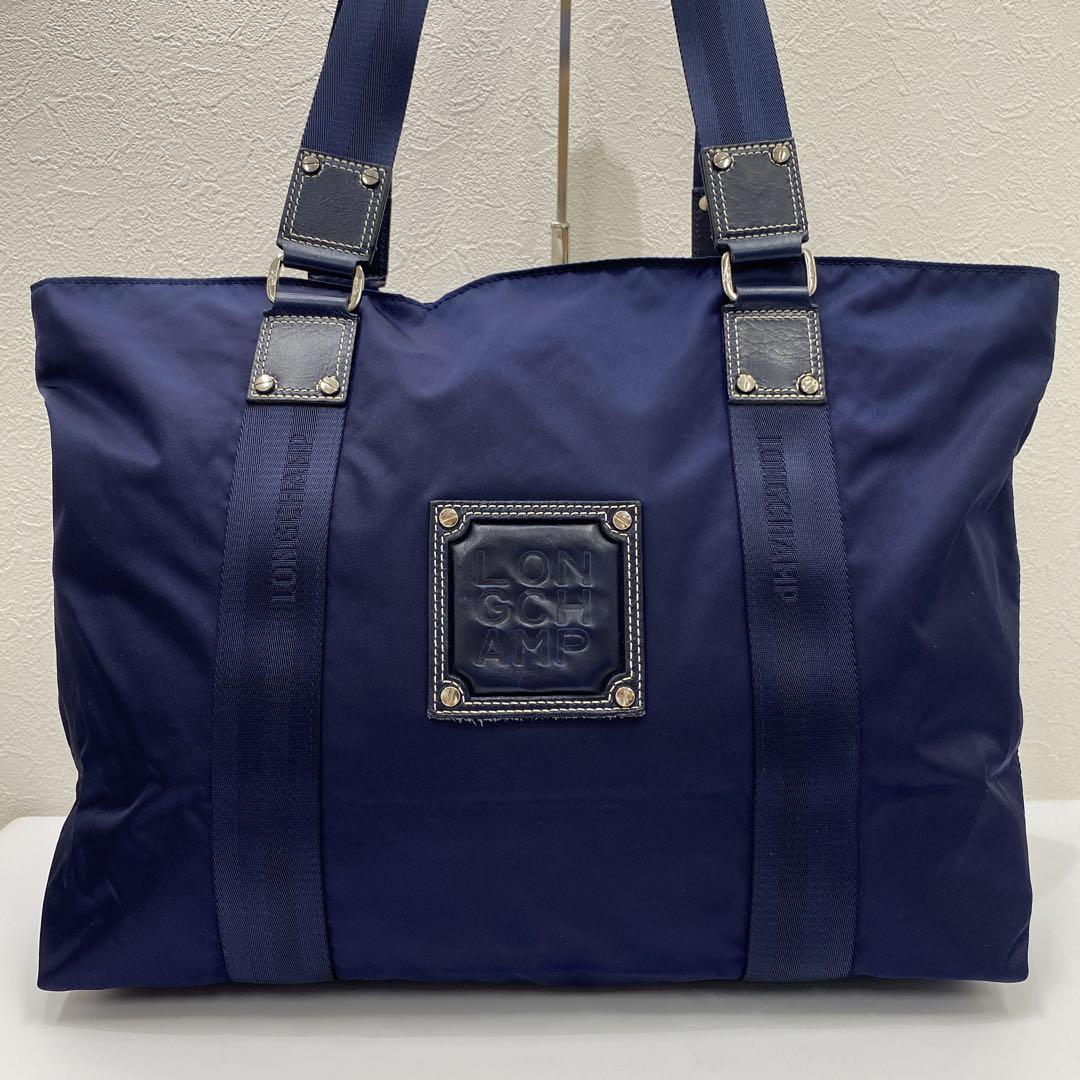 ●8750 LONGCHAMP ロンシャン トートバッグ ネイビー系 ロゴタグ